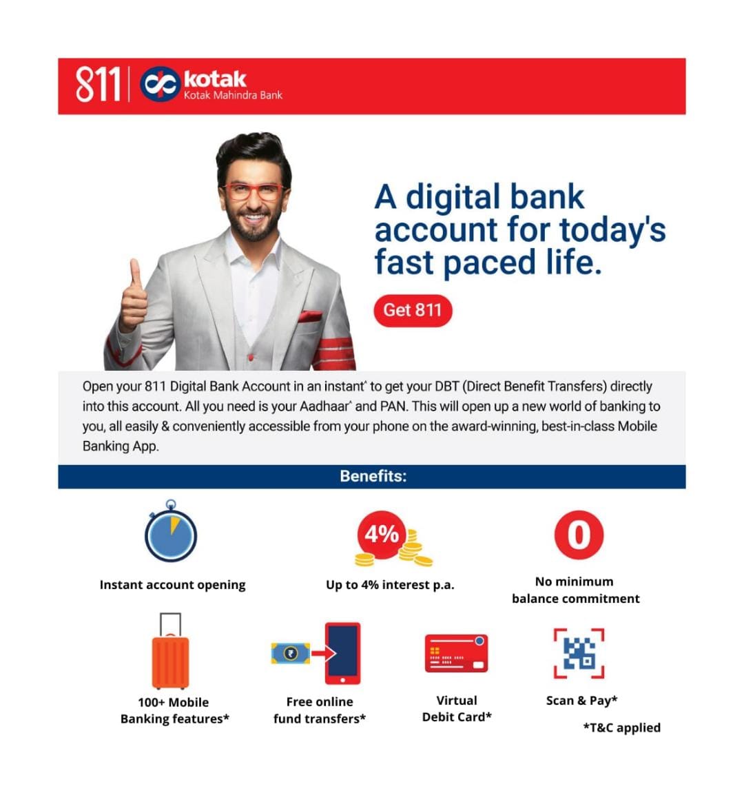 Open a Zero Balance Saving Account with Kotak 811